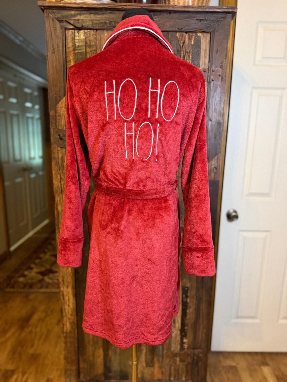 Rae Dunn Christmas Robe Small Red Plush HO HO HO Holiday Bathrobe Belted